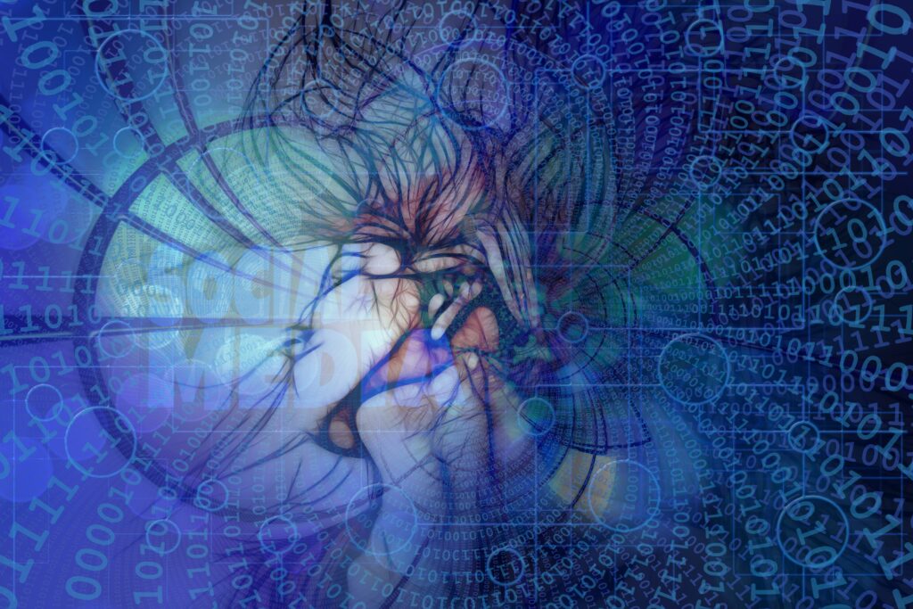 Illustratie van een hoofd vol gedachten en kronkels, symbool voor stagnatie en persoonlijke ontwikkeling